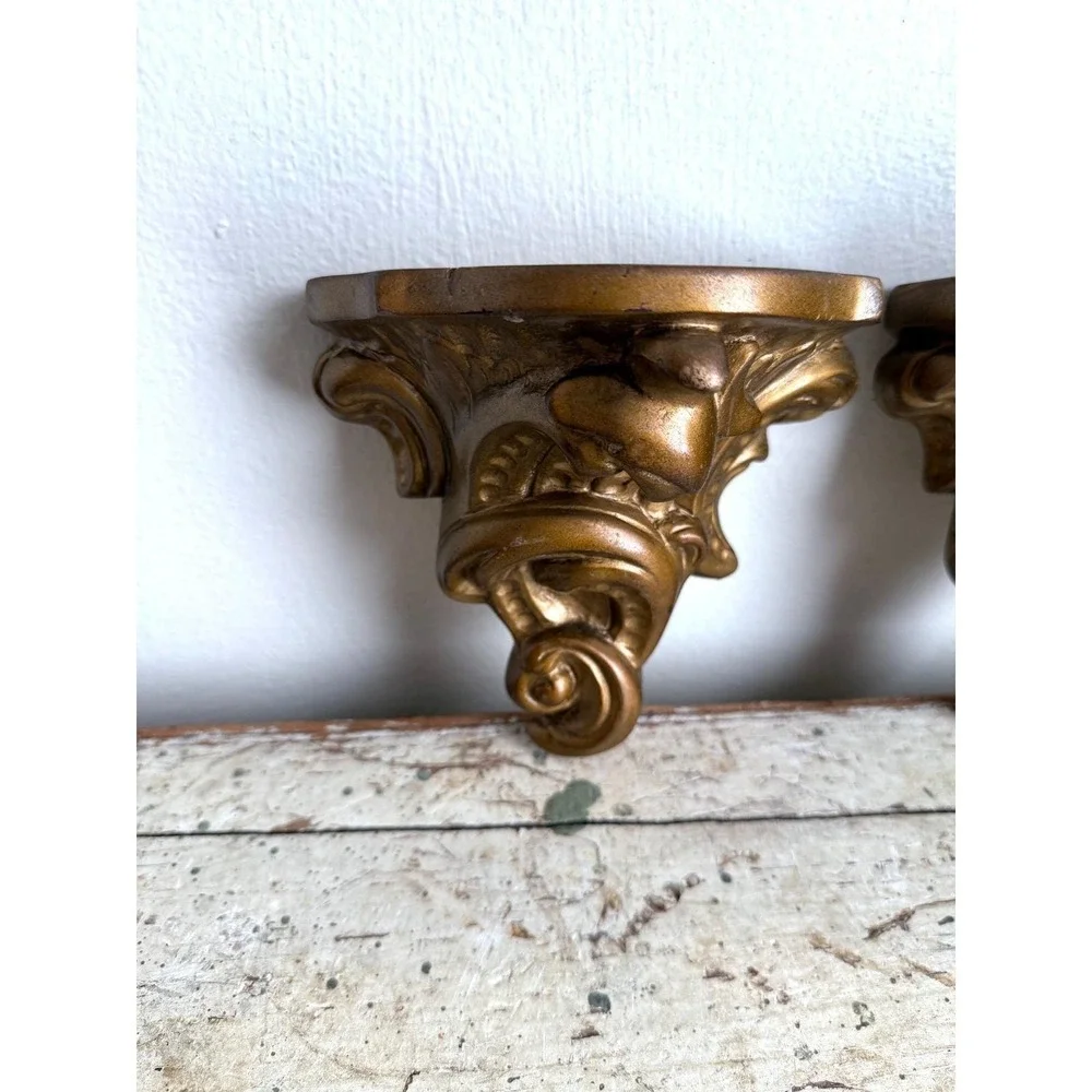 Vintage Pair Plaster Gold Wall Sconces Hollywood Regency Classical Shelf‎